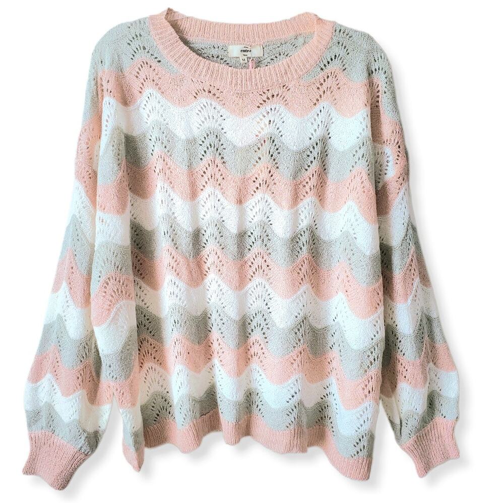 Umgee Women Pink Cream Gray Chevron Crochet Sweater M Cottage Soft Cozy Neutral